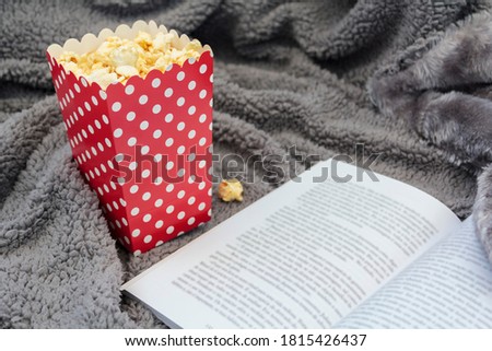 Popcorns on box and book on warm blanket