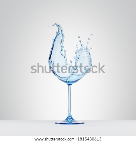 3d render, water splash in the shape of wineglass, clear liquid splashing clip art, isolated on white background