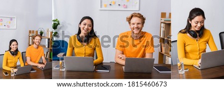collage of interracial freelancers working on laptops and looking at camera at home, horizontal crop