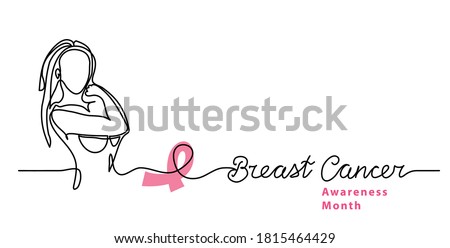 Breast cancer line art background with woman and pink ribbon. Simple vector web banner. One continuous line drawing with text breast cancer.