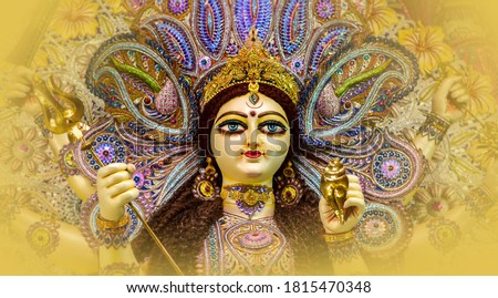Godess Durga idol in a Pandal.Durga Puja is the most important worldwide hindu festival for Bengali  Royalty-Free Stock Photo #1815470348