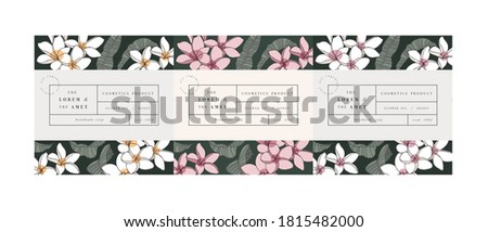 Vector set pattens for cosmetics with label template design. Patterns or wrapping paper for package and beauty salons. Plumeria flowers. Organic, natural cosmetic