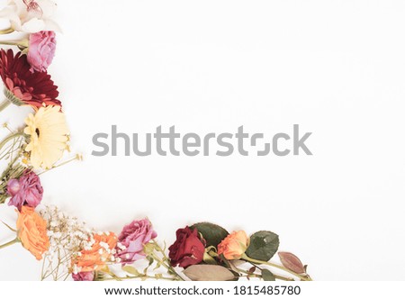 Flower arrangement. Frame of flowers on a white background. Flat stacking, top view, copy space