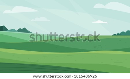 Landscape vector illustration. Green meadow field, hill, plants and blue sky with clouds. Nature spring, summer farm scenery. Countryside for organic production background. Royalty-Free Stock Photo #1815486926