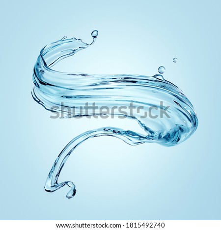 3d render, water splash, translucent liquid wavy jet, splashing wave clip art, isolated on blue background.