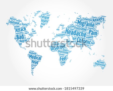 Headache word cloud in shape of world map, health concept background