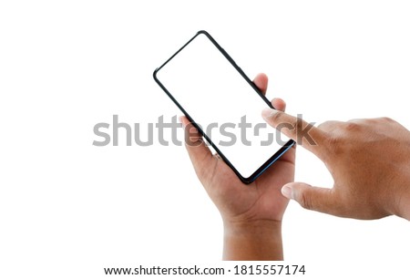 Hand pointing smartphone screen blank screen isolated on white background internet network communication concept