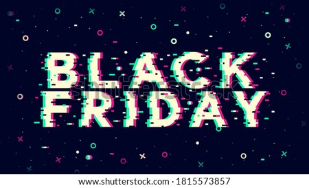Black Friday banner in trendy glitch effect. Concept of sale, discount. Vector illustration with text error, pink and blue geometrical figures on background. Promotional announcement of online sale
