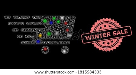 Glare mesh net shopping cart with bright dots, and Winter Sale textured rosette stamp seal. Illuminated vector mesh created from shopping cart symbol.