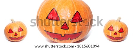 Halloween pumpkin banner . Article about Halloween. Pumpkin with a snout. Vegetable.