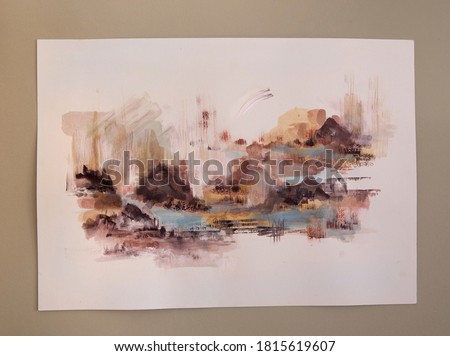 Modern art. Romantic abstract  painting hanging in the wall. Beautiful brushstrokes and dusk palette of pink, magenta, orange and red colors, resembling an ocean landscape.  