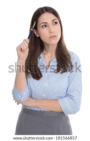 Thoughtful isolated businesswoman on white.