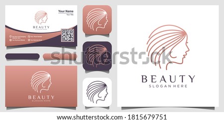 woman's face with line art style logo and business card design. Abstract design concept for beauty salon, fashion, massage, magazine, cosmetic and spa.