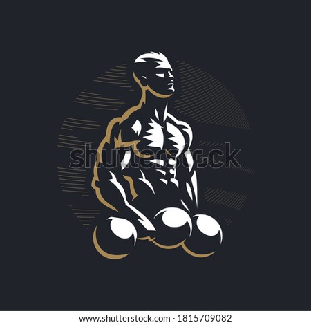 Fitness man with muscles trains. Raises the barbell. Barbell. Vector illustration.