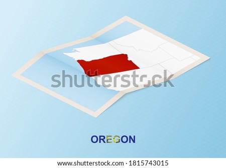 Folded paper map of Oregon with neighboring countries in isometric style on blue vector background.