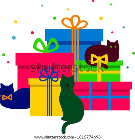 Cats and gifts. A pile of gift boxes with bright wrapping and multicolored cats sitting nearby. Isolated on white background. Сelebration merry christmas or birthday party. Flat style vector image.