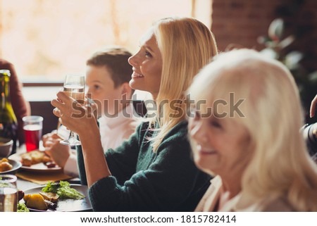 Old beautiful grandmothers communicating relatives listen toasts thanksgiving dinner house living room indoors