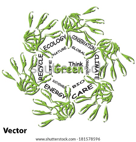 Vector concept or conceptual human child abstract green ecology hand print symbol of leafs, isolated on white background, metaphor to nature, environment, recycle, bio, conservation, friendship, unity
