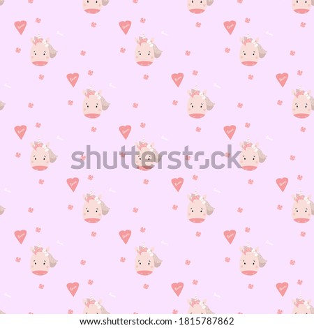 Seamless patterns. Cute girl unicorn with hearts and flowers on a light pink background. Childrens collection in the Scandinavian style. Vector. For design, textile, packaging and wallpaper