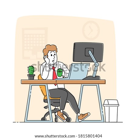 Overwork Tired Worker Character Burnout, Tiredness Fatigue and Depression. Overload Sad Businessman with Low Life Energy Power and Coffee Cup Working on Computer in Office. Linear Vector Illustration