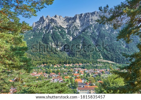View of Mittenwald and the Alp mountains, Bavaria, Germany Royalty-Free Stock Photo #1815835457