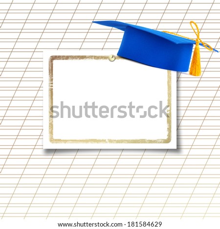 Mortar board or graduation cap with paper leaf  on the background notebook sheet 