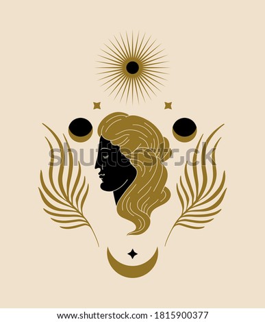 Vector hand drawn illustration of antique head with moon, floral elements isolated. Creative artwork with woman's face.Template for card, poster, banner, print for t-shirt, pin, badge, patch.