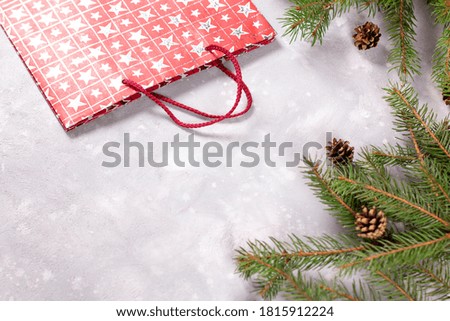 Christmas composition. Red gift package paper bag with Christmas tree branches. Happy New Year.