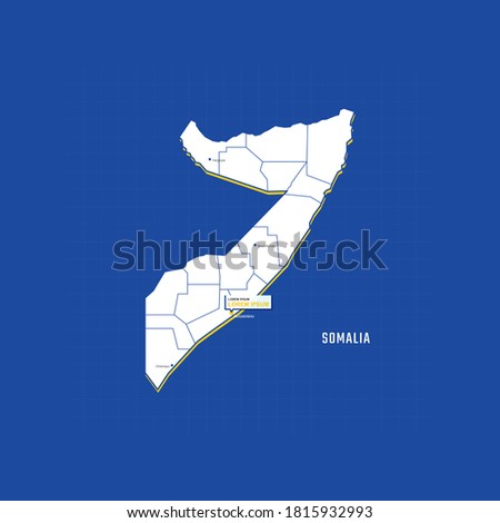 Vector map of Somalia with border, cities and capital Mogadishu. Each city has separately for your design. Vector Illustration