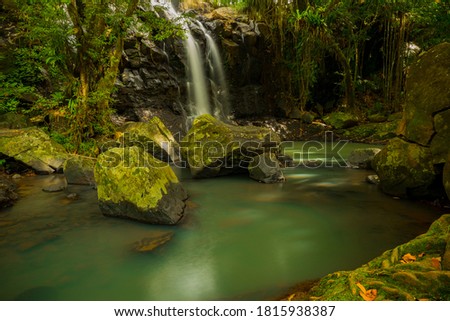 Tropical landscape. Beautiful hidden waterfall in rainforest. Adventure and travel concept. Nature background. Slow shutter speed, motion photography. Sing Sing Angin waterfall Bali, Indonesia
