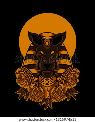 Illustration vector Anubis head with rose flower and full moon on black background.