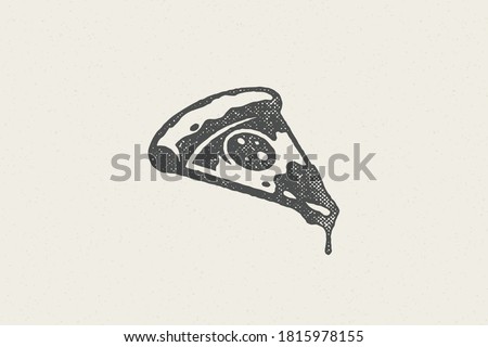 Slice of pizza silhouette with tomato and cheese hand drawn stamp effect vector illustration. Vintage grunge texture symbol for packaging and fast food restaurant menu design or label decoration
