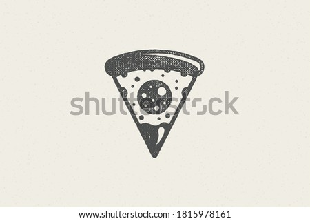 Slice of pizza silhouette with tomato and cheese hand drawn stamp effect vector illustration. Vintage grunge texture symbol for package and fast food restaurant menu design or label decoration