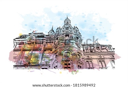 Building view with landmark of Antwerp is a city in Belgium. Watercolor splash with Hand drawn sketch illustration in vector.
