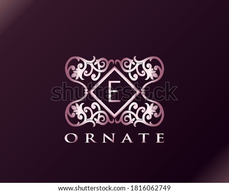 PInk Luxury Brand Letter E Elegant Logo Bagde. Metal Luxury Pink Letter Initial Crest Monogram Design Vector Illustration.