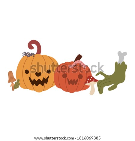 Halloween composition of pumpkin, mushrooms, spider, worm, severed hand. For postcards, banners, invitations. Vector hand drawn illustration.