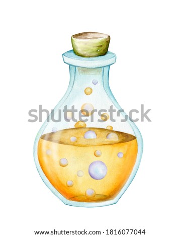 Cartoon bottle with a magic potion. Watercolor alchemical bottle with witchcraft ingredients. Magic elixir, for the holiday of Halloween.