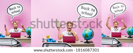 Collage of schoolgirl with book and magnifying glass pointing at paper art near gadgets and globe on pink background