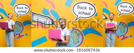 Collage of excited pupil with laptop standing near paper craft and speech bubble with back to school lettering on yellow background
