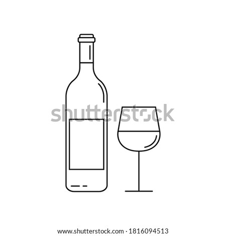 Wine bottle with wine glass line icon. Outline silhouette. Vector illustration.
