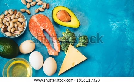 Keto diet, food on blue background. Selective focus.Nature