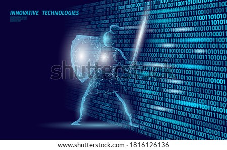 Cyber safety khight on data mass. Internet security lock information privacy low poly polygonal future innovation technology network business concept blue vector illustration Royalty-Free Stock Photo #1816126136