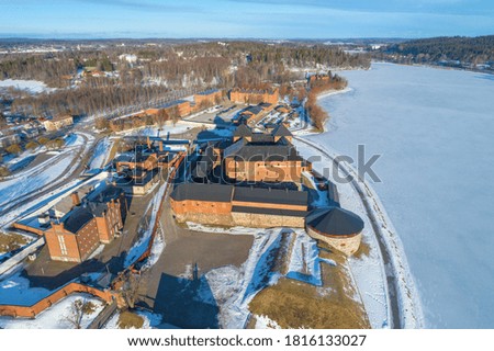 Top view of the complex of buildings of the old prison fortress of  Hameenlinna on a sunny March day. Finland