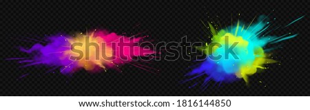 Color powder explosions isolated on transparent background. Splash of paint dust with particles. Vector realistic set of burst effect of colorful powder clouds Royalty-Free Stock Photo #1816144850
