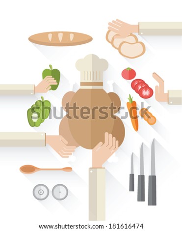 Digitally generated food industry vector with food and chefs hands