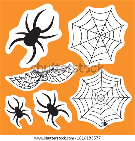 Set of spiders and web for Halloween. Halloween cobweb clipart, sticker, icons. Scary elements for decoration. Hand-drawn spider web or cobweb with spider. Vector spider isolated on orange background
