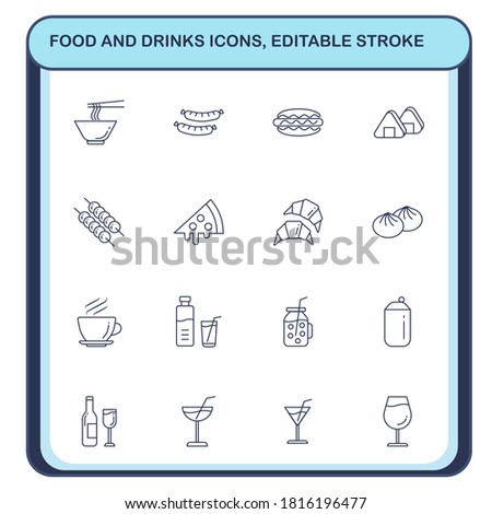 Set of food and drink outline icon.Sign and symbols of main course.Editable stroke.Concept simple line vector to use of cafe and canteen.People sitting in restaurant eating food.Vector Illustration.