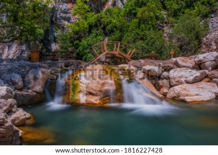 Little waterfall in Goynuk Canyon, Famous tourist place in Turkey. Long exposure picture, august 2020