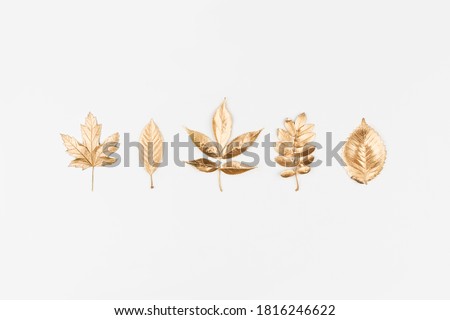 Autumn composition. Autumn golden leaves on white background. Flat lay, top view, copy space	