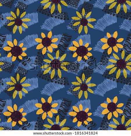 Seamless pattern from flowers of sunflower and leaves. The floral ornament is arranged in a geometric order. Design for textiles, paper, packaging, bedding. Vector illustration.